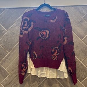 Burgundy Floral Sweater with Layered Hem